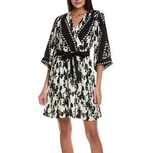 CABI S X Factor Wrap Dress Black White Floral Kimono 3/4 Sleeve A Line Belt NWOT